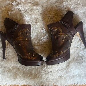 Reba Brown and Gold leather and snakeHeeled Peep-Toe  hBoots with sparkle 8.5